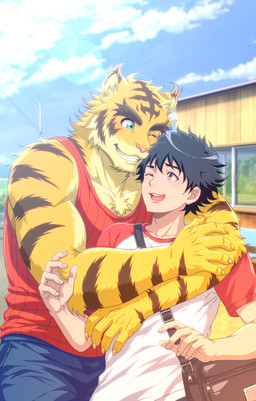 anthro black_hair blue_bottomwear blue_clothing blue_eyes bottomwear brown_body brown_fur brown_stripes clothing fur hair hug male male/male multicolored_body multicolored_fur pink_eyes pink_nose red_clothing red_shirt red_tank_top red_topwear shirt solo striped_body striped_fur stripes t-shirt tan_body tan_fur tank_top topwear yellow_body yellow_fur mz0re morenatsu hiroyuki_nishimura torahiko_ooshima felid human mammal pantherine tiger 2026 absurd_res hi_res