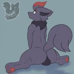 1:1 3_toes anthro anthrofied backsack balls barefoot big_butt biped black_balls black_body black_fur black_nose blue_eyes butt canid canine cheek_tuft facial_tuft feet fur generation_5_pokemon genitals grey_body grey_fur half-closed_eyes head_tuft hi_res looking_up male mammal masturbation multicolored_body multicolored_fur narrowed_eyes nintendo nude obscured_masturbation open_mouth pawpads paws perineum pokemon pokemon_(species) posexe presenting raised_tail red_body red_fur semi-anthro simple_background sitting solo spread_legs spreading tail thick_thighs toes tongue tongue_out tuft watermark wide_hips zorua
