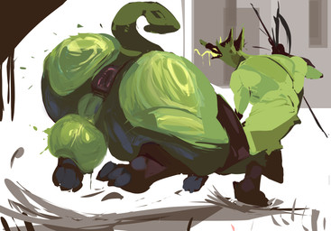 anus balls big_butt bodily_fluids butt galloping genitals green_body green_eyes huge_butt male open_mouth quadruped running simple_background solo yo_zee mythology mammal mammal_taur taur digital_media_(artwork) hi_res