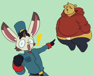anthro belt bulge clothed clothing duo exclamation_point eyes_closed fur gesture gloves hand_gesture handwear hat head_tuft headgear headwear jacket legwear male oversized_clothing oversized_topwear overweight overweight_anthro overweight_male pantsless pointing pointing_at_another slightly_chubby stockings surprised_expression tan_body tan_fur thick_thighs topwear tuft uniform wide_hips yellow_body yellow_fur bigbun_3 bun-e animal_humanoid bear humanoid lagomorph lagomorph_humanoid leporid leporid_humanoid mammal mammal_humanoid rabbit rabbit_humanoid absurd_res hi_res