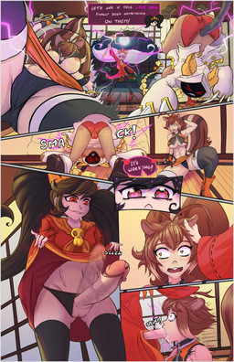 animal_ears ass_up black_clothing black_hair black_legwear black_panties black_stockings black_underwear blonde_hair blush blush_lines bodily_fluids bottomwear breasts brown_body brown_hair brown_nipples brown_skin cat_tail claw_(weapon) clothed clothing clothing_aside clothing_lift constricted_pupils cracked_wall dazed defeated dialogue dojo dress dripping electricity fellatio female fight floor genital_fluids genitals group gynomorph gynomorph/female hair hand_on_another's_head hand_on_head heart_eyes heart_symbol herm hole_in_wall hood hoodie inside intersex intersex/female legwear light_body light_skin lightning magic magic_user melee_weapon mind_control moon narrowed_eyes night nipples oral panties panties_aside panty_shot penile penis pigtails pink_lightning pink_nipples precum precum_drip presenting presenting_penis pupils questionable_consent red_clothing red_dress red_eyes red_panties red_underwear sackless saliva scepter sex shadow_face skirt skirt_lift small_pupils sound_effects speech_bubble spiral spiral_eyes squint squirrel_tail stockings tail tan_body tan_clothing tan_hoodie tan_leg_warmers tan_nipples tan_skin tan_topwear text topless topless_female topwear trio underwear underwear_aside upside_down upskirt upward_angle vein veiny_penis weapon wide_eyed wood wood_floor 86roko birbop arc_system_works blazblue nintendo warioware ashley_(warioware) makoto_nanaya taokaka animal_humanoid felid felid_humanoid feline feline_humanoid human humanoid kaka_(blazblue) mammal mammal_humanoid rodent rodent_humanoid sciurid sciurid_humanoid tree_squirrel_humanoid absurd_res colored comic english_text hi_res young_(lore)