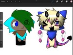 ambiguous_gender anthro art_program_in_frame black_body black_fur black_horn black_nose black_tongue blonde_hair blue_body blue_eyes blue_fur blue_stripes bodily_fluids brown_body brown_fur chest_tuft chibi crying droopy_eyes duo eye_through_hair facial_markings facial_tuft fangs female fluffy fur green_hair hair hair_over_eye head_markings horn kemono kerchief markings one_eye_closed one_eye_obstructed pink_body pink_eyes pink_fur short_hair simple_background smile spade_tail sparklefur striped_body striped_fur striped_markings striped_tail stripes style_emulation tail tail_markings tears teeth tongue translucent translucent_hair tuft white_background wink dreamscreep procreate_(copyright) edel_(dreamscreep) glimmer_(dreamscreep) canid domestic_cat felid feline felis hybrid mammal 2022 4:3 digital_media_(artwork) hi_res procreate_(artwork) female_(lore) nonbinary_(lore) trans_(lore)