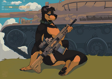 anthro armored_vehicle bedroom_eyes black_body black_fur butt cannon cloud collar ear_piercing ear_ring fur grass gun looking_at_viewer machine male narrowed_eyes nude nude_anthro nude_male orange_body orange_fur outside pawpads piercing plant ranged_weapon rifle rifle_barrel ring_piercing seductive sitting solo tank_(vehicle) text tracked_vehicle turret vehicle weapon jeanwoof amx-30_(tank) heckler_and_koch canid canine canis domestic_dog mammal mastiff molosser rottweiler english_text url