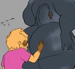 anthro big_butt butt butt_grab clothed clothing duo hand_on_butt male male/male multicolored_body nude nude_anthro pink_clothing pink_shirt pink_topwear shirt shocked simple_background tail text thick_thighs topwear touching_butt two_tone_body wide_hips secretpanda odis_(codans) bird_dog bovid bovine canid canine canis cattle domestic_dog golden_retriever hunting_dog mammal retriever absurd_res digital_media_(artwork) hi_res