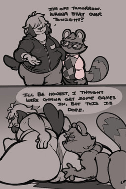 anthro anus backsack balls belly big_butt black_nose bodily_fluids bottomwear butt butt_sniffing clothed clothing dialogue duo eyewear floppy_ears fluffy fluffy_tail genitals glasses jacket looking_at_anus male male/male nose_to_anus overweight overweight_male shorts slightly_chubby sniffing speech_bubble spread_butt spreading sweat tail text topwear submarine_screw emmett_(submarine_screw) robin_(submarine_screw) canid canine canis domestic_dog mammal procyonid raccoon english_text hi_res