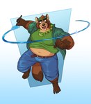 anthro belly bottomwear brown_body brown_fur bulge clothing fur humanoid_hands male navel overweight overweight_male pants shirt simple_background solo topwear vasuki canid canine mammal raccoon_dog tanuki 2021 absurd_res hi_res