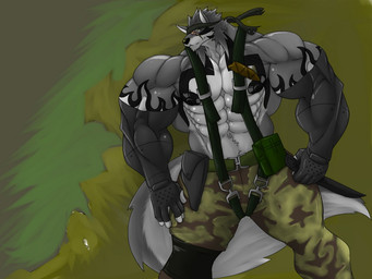 5_fingers anthro belt belt_pocket bottomwear camo camo_bottomwear camo_clothing camo_pants camo_print clothed clothing cosplay fingerless_gloves fingers gloves handwear knife male muscular muscular_anthro muscular_male nipples pants pattern_bottomwear pattern_clothing pattern_pants solo topless sachiel_666 konami metal_gear sachiel_the_heretical_wolf canid canine canis mammal wolf 4:3