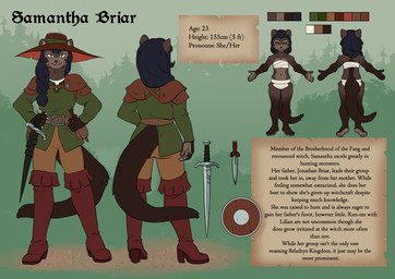 anthro armor belt belt_buckle black_hair boots bottomwear braided_hair brown_body brown_eyes brown_fur buckle buckler chest_wraps claws clothing color_swatch dagger female footwear fur gradient_fur green_clothing green_shirt green_topwear hair hair_over_shoulder hat headgear headwear high_heeled_boots high_heels knee_boots knee_highs leather leather_armor legwear melee_weapon multicolored_body navel pants scabbard shirt shoes shoulder_armor simple_background solo sword tail text topwear two_tone_body weapon wraps zombied samantha_briar gulonine mammal marten mustelid musteline sable_(marten) 2026 absurd_res english_description english_text hi_res model_sheet