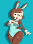 anthro blue_background bow_tie breasts brown_body brown_fur brown_hair cleavage clothed clothing female fur hair leotard open_mouth simple_background solo nojimmyplz animal_crossing nintendo carmen_(animal_crossing) lagomorph leporid mammal rabbit hi_res portrait three-quarter_portrait