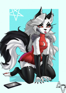 anthro clothed clothing crescent_moon dress ear_piercing eyebrow_piercing eyelashes facial_piercing female female_anthro fur grey_hair hair legwear looking_at_viewer moon nails occult_symbol paws pentagram piercing red_eyes simple_background sleeveless_clothing solo symbol tail thigh_highs tongue tongue_out tongue_piercing torn_clothing tuft white_body white_fur deusvulpes hellaverse helluva_boss mythology loona_(helluva_boss) canid canid_demon canine demon hellhound mammal mythological_canine mythological_creature absurd_res colored digital_drawing_(artwork) digital_media_(artwork) hi_res