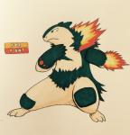 2017 3_toes 4_fingers alternate_color ambiguous_gender anthro biped countershade_face countershade_torso countershading ears_back english_text featureless_crotch feet fighting_pose fingers fire firefightdex fist front_view frown full-length_portrait fur generation_2_pokemon gloves_(marking) green_body green_fur hatching_(art) hi_res looking_away mammal marco_fanjul marker_(artwork) markings mixed_media multicolored_body multicolored_fur nintendo nude pen_(artwork) pivoted_ears pokemon pokemon_(species) portrait pose red_eyes shaded shadow simple_background snout solo spread_legs spreading standing tan_body tan_countershading tan_fur text toes toony traditional_media_(artwork) two_tone_body two_tone_fur typhlosion white_background wide_stance