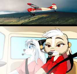 aircraft airplane anthro blue_eyes brown_body brown_eyes brown_fur cessna_170 clothing cockpit duo electronics female flying fur headgear headphones headset jane_anastasia_(kcvulpine) microphone photographic_background pilot pink_clothing pink_shirt pink_topwear red_clothing red_shirt red_topwear shirt sitting topwear vehicle white_body white_fur disney zootopia jackie_hopps_(grummancat) arctic_fox canid canine fox lagomorph leporid mammal rabbit true_fox absurd_res hi_res