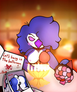 anthro anus beak bent_over blush breasts butt choker clothed clothing condom feathers female flippers genitals hair heart_eyes heart_symbol imminent_sex inviting jewelry necklace nipple_piercing nipple_slip nipples note nude piercing restaurant sexual_barrier_device solo tail tail_feathers vulva xoxo pengi_nsfw pengy_(pengi_nsfw) avian bird penguin 5:6 absurd_res hi_res