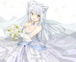 ahoge armwear big_breasts blush bouquet braided_hair breasts cleavage clothed clothing dress elbow_gloves fangs female flower gloves grey_hair hair handwear long_hair looking_at_viewer open_mouth petals plant side_braid simple_background smile solo tail tail_tuft teeth tuft wedding_dress white_background yellow_eyes mobu dog_days leonmitchelli_galette_des_rois animal_humanoid canid canid_humanoid canine canine_humanoid canis humanoid mammal mammal_humanoid wolf wolf_humanoid