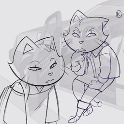 anthro backpack biped car clothing duo eyelashes eyeliner female footwear hair jacket makeup shirt shoes short_hair tail topwear vehicle whiskers itsdanfango jalei_(itsdanfango) jasmine_(itsdanfango) domestic_cat felid feline felis mammal 1:1 2024 2d_animation animated black_and_white monochrome unfinished