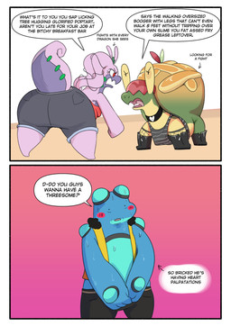 antennae_(anatomy) anthro apple_pie barefoot blue_body blue_skin blush bodily_fluids boots border bottomwear brown_body brown_skin butt clothed clothed_feral clothing collar covering covering_self dialogue directional_arrow duo eyestalks feet female feral fight fishnet_clothing food footwear furgonomic_bottomwear furgonomics green_body green_skin imminent_violence male open_mouth pastry pie profanity purple_body purple_skin quadruped shoes simple_background speech_bubble sweat text thick_thighs topwear vest white_border goopyarts mythology nintendo pokemon darren_(goopyarts) rose_(goopyarts) amphibian appletun dragon frog gastropod generation_5_pokemon generation_6_pokemon generation_8_pokemon goodra mollusk mythological_creature mythological_scalie pokemon_(species) reptile scalie seismitoad slug toad_(frog) turtle absurd_res comic english_text hi_res