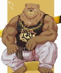 anthro barefoot belly biceps bottomwear brown_body brown_fur clothing facial_scar feet fur jewelry male missing_eye musclegut muscular necklace pants pecs scar shirt solo tank_top topwear white_bottomwear white_clothing white_pants hfengfffff mihoyo zenless_zone_zero ben_bigger bear mammal hi_res