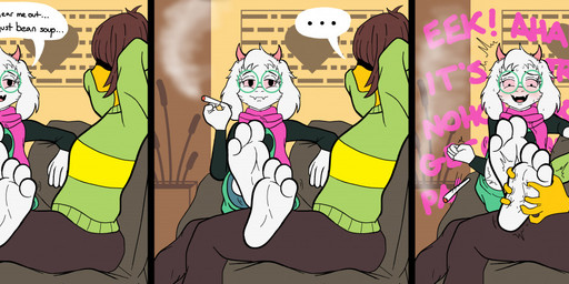 3_toes 4_fingers anthro barefoot brown_hair clothing dialogue drugs ellipsis eyewear feet fingers foot_focus glasses green_clothing green_sweater green_topwear hair horn laugh male marijuana pattern_clothing pattern_sweater pattern_topwear pink_scarf scarf shadow soles striped_clothing striped_sweater striped_topwear stripes sweater text tickle_fetish tickle_torture tickling tickling_feet toes topwear ticklespots deltarune undertale_(series) kris_dreemurr ralsei bovid caprine goat human mammal comic english_text