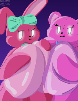 accessory anthro big_breasts blue_bow bow_ribbon breast_squeeze breast_squish breasts breasts_frottage countershading duo empty_eyes eyelashes featureless_breasts female glowing glowing_eyes gradient_background green_bow hair_accessory hair_bow hair_ribbon huge_breasts hyper hyper_breasts licking licking_lips long_ears looking_at_viewer neck_bow nude nude_anthro nude_female pink_body pink_countershading pink_tongue plushie purple_background ribbons round_ears simple_background smile squeezing squish stylized_empty_eyes text tongue tongue_out toony unknown7unsfw lovedoll_toy_factory hoppi_(gremlingrounded) teddi_(gremlingrounded) animate_inanimate bear lagomorph leporid living_plushie mammal rabbit 2025 absurd_res artist_name cel_shading english_text hi_res shaded