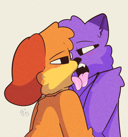 anthro blush bodily_fluids duo licking_tongue looking_at_viewer looking_back male male/male open_mouth orange_body purple_body saliva teeth alexboom11 comet_kat mob_entertainment poppy_playtime smiling_critters catnap_(poppy_playtime) dogday_(poppy_playtime) canid canine felid feline mammal absurd_res hi_res shaded simple_shading