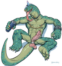 abs anthro ball_stretcher balls balls_on_tail beverage_can bodily_fluids can collar container cuff_(restraint) erection facial_piercing forked_tongue frenum_ladder frenum_piercing genital_fluids genital_piercing genitals green_body holding_can holding_container holding_object humanoid_genitalia humanoid_penis ladder_piercing licking lip_piercing lip_ring long_tongue lying male male_anthro multicolored_claws muscular muscular_anthro muscular_male neck_ring nipple_chain nipple_piercing nipples non-mammal_balls nose_piercing nose_ring penis penis_piercing piercing precum prince_albert_piercing reclining restraints ring_piercing saggy_balls saliva saliva_on_chest saliva_on_tongue self_lick simple_background solo spread_legs spreading tail testicle_cuff tongue tongue_out tongue_piercing vein veiny_penis white_background wrist_cuffs berububs goat_(movie) sony_corporation sony_pictures modo_olachenko komodo_dragon lizard monitor_lizard reptile scalie hi_res signature