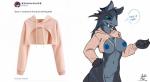 anthro black_sclera blue_eyes blue_nipples bottomless breasts casual_exposure clothed clothing dialogue drawyourfursona fangs female genitals hand_on_hip hoodie mostly_nude navel nipples pink_clothing pink_hoodie pink_sweater pink_topwear pussy simple_background solo sweater teeth text topwear twitter_hoodie white_background furball meme_clothing furball_(character) kaisura mammal 2018 english_text meme