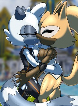 anthro biped bodily_fluids duo female female/female fingering fingering_partner genital_fluids kissing sex side_view standing vaginal_fluids thecakeee idw_publishing sega sonic_the_hedgehog_(comics) sonic_the_hedgehog_(idw) sonic_the_hedgehog_(series) tangle_the_lemur whisper_the_wolf canid canine canis lemur mammal primate ring-tailed_lemur strepsirrhine wolf