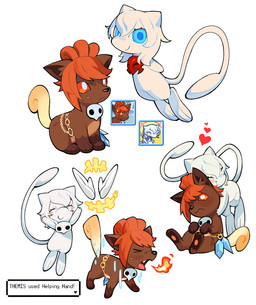 albino alternate_species black_nose blue_eyes blue_pupils blush blush_lines bodily_fluids brown_body brown_fur chain crystal encouragement feral floating floating_hands fur hair heart_symbol helping_hand hug hugging_another hugging_partner leg_markings male male/male markings mask pawpads pink_pawpads pupils red_hair red_sclera simple_background socks_(marking) sweat sweatdrop text white_background white_body white_fur white_pupils battleguitar final_fantasy final_fantasy_xiv nintendo pokemon pokemon_mystery_dungeon spike_chunsoft square_enix erichthonios_(ffxiv) themis_(ffxiv) generation_1_pokemon legendary_pokemon mew_(pokemon) pokemon_(species) vulpix 2026 colored colored_line_art crossover digital_drawing_(artwork) digital_media_(artwork) english_text pixel_(artwork)