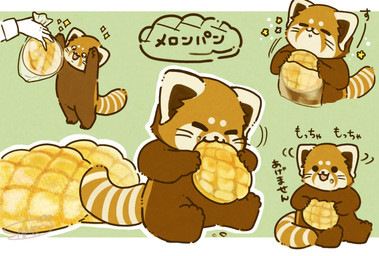 ambiguous_gender black_eyes black_nose bread brown_body chibi dot_eyes duo eating food humanoid_hands kemono simple_eyes sitting solo solo_focus text shi_nominmin ailurid mammal red_panda 2023 hi_res japanese_text