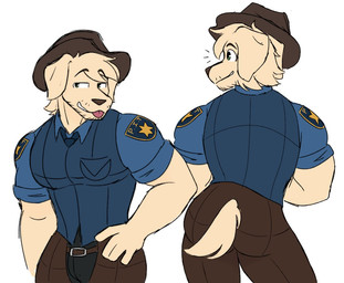 anthro bedroom_eyes belt black_clothing blep blue_clothing bottomwear brown_bottomwear brown_clothing brown_headwear brown_nose chaps clothing collared_shirt cowboy_hat dog_tail dress_shirt eyebrow_through_hair eyebrows facial_hair floppy_ears folded_ears fur furgonomics hair hat headgear headwear male messy_hair muscular muscular_anthro muscular_male narrowed_eyes necktie pecs police police_badge police_officer police_uniform rolled_up_sleeves seductive shirt simple_background solo tan_body tan_fur tight_clothing tongue tongue_out topwear translucent translucent_hair uniform vest white_background jicjicu daniel_brunette bird_dog canid canine canis domestic_dog hunting_dog labrador mammal retriever
