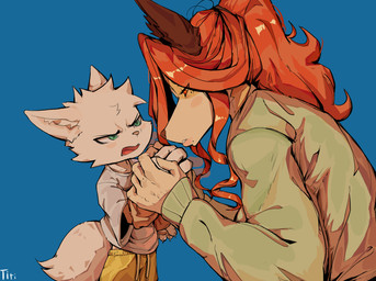 age_difference anthro blue_background clothing duo female fur hair hand_holding larger_female male male/female older_female one_eye_obstructed orange_body orange_fur red_hair shirt simple_background size_difference smaller_male sweater topwear white_body white_fur white_hair younger_male fetloaf annie_(fetloaf) yuri_(fetloaf) canid canine domestic_cat felid feline felis fox mammal absurd_res hi_res
