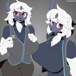 anthro anthrofied big_breasts biped black_nose blue_body bodily_fluids bottomwear breasts cleavage clothed clothing female fur huge_breasts looking_at_viewer multicolored_body open_mouth pokemorph red_eyes solo sweat teeth thick_thighs tongue topwear white_body white_fur wide_hips cooliehigh nintendo pokemon absol generation_3_pokemon pokemon_(species) 1:1 2025 hi_res