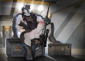 anthro bareback big_muscles big_pecs black_body black_fur black_nose blue_body blue_claws blue_fur claws clothing fingers fluffy fluffy_tail fur genitals humanoid_genitalia humanoid_penis male muscular muscular_anthro muscular_male pecs penis solo tail text tuft underwear walking white_body white_fur yellow_eyes n-art thunderrangers archermagnum canid canine canis mammal wolf absurd_res digital_media_(artwork) english_text hi_res