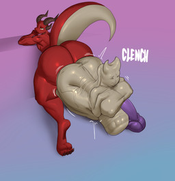 anthro ball_vore body_outline bulge clenching_balls cock_vore detailed_bulge duo female genitals gynomorph horn imprint intersex intersex/male intersex_prey male male/female penile penis penis_imprint tight_bulges vore gaussnek deks absurd_res digital_media_(artwork) hi_res