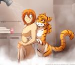 2018 anthro bathing bedroom_eyes breasts colored conditional_dnp covering covering_self daniels_(twokinds) duo ears_back featureless_breasts featureless_crotch felid female fur hair half-closed_eyes hand_on_shoulder hi_res human inside keidran licking licking_lips licking_own_lips locker looking_back male mammal multicolored_body multicolored_fur narrowed_eyes nervous nude orange_body orange_fur pantherine pivoted_ears red_hair seductive self_lick shower showering smile smirk steam striped_body striped_fur stripes text therie_sah-van tiger tom_fischbach tongue tongue_out towel twokinds url water wet white_body white_fur yellow_eyes