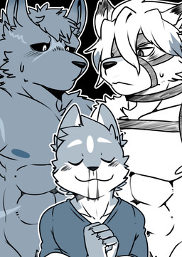 abs anthro black_sclera blood blush bodily_fluids clothed clothing fantasy fur gradient_fur grey_body grey_fur group harness male male/male muscular muscular_anthro muscular_male nervous nipples nosebleed pecs shirt size_difference smile straps sweat topless topwear trio white_body white_eyes white_fur worried_face saku1saya chaos_zero_nightmare mihoyo zenless_zone_zero hugo_(chaos_zero_nightmare) seiya_(saku1saya) von_lycaon canid canine canis domestic_dog mammal wolf absurd_res hi_res monochrome