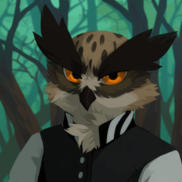 anthro black_clothing black_jacket black_topwear brown_body cheek_tuft clothed clothing facial_tuft forest glistening glistening_eyes grey_body jacket looking_at_viewer male markings narrowed_eyes neck_tuft outside plant solo spots spotted_body topwear tree tuft unsigned white_clothing white_jacket white_topwear corzh77 avian bird owl 1:1 absurd_res bust_portrait hi_res icon portrait