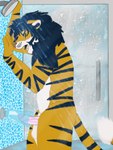 anthro balls bodily_fluids cum fur genital_fluids genitals male masturbation penetrable_sex_toy penis sex_toy shower solo microsoft the_elder_scrolls kovu_muabdib felid hybrid khajiit liger lion mammal pantherine tiger 3:4 hi_res