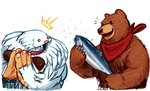 black_nose brown_body brown_fur claws duo feral fur happy kerchief male red_kerchief surprise tongue tongue_out white_body white_fur michafrar bandai_namco capcom darkstalkers tekken kuma_(tekken) sasquatch_(darkstalkers) bear fish humanoid mammal marine sasquatch hi_res