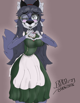 anthro black_nose blue_body blue_fur blue_hair blush choker clothing dirndl dress eye_contact eyewear fangs female fur gesture glasses hair heart_gesture jewelry long_hair looking_at_another looking_at_viewer necklace one_eye_closed smile smiling_at_viewer solo teeth wink winking_at_viewer bblitzyy ruth_(bblitzyy) canid canine canis mammal wolf absurd_res hi_res