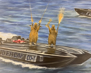 ambiguous_gender award boat brown_body brown_fur clothing duo feral footwear fur gun looking_at_viewer ranged_weapon semi-anthro shoes shooting standing trophy vehicle water watercraft weapon travis_chapman capybara caviid mammal rodent acrylic_painting_(artwork) painting_(artwork) traditional_media_(artwork) traditional_painting_(artwork)
