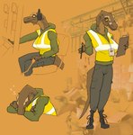 anthro big_breasts breasts clipboard clothed clothing earmuffs eyewear female forklift fully_clothed glasses id_card pen safety_vest sleeping solo topwear vest working zagz jayda_(zagz) dinosaur prehistoric_species reptile scalie theropod tyrannosaurid tyrannosauroid tyrannosaurus tyrannosaurus_rex hi_res