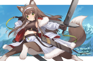 breasts brown_body brown_fur brown_hair clothing coat dipstick_tail dual_wielding female fur green_eyes hair holding_object holding_weapon markings melee_weapon midriff mountain paws solo sword tail tail_markings topwear weapon young young_female young_taur cloneko_(zelmeledf2) canid canid_taur canine canine_taur fox fox_taur humanoid_taur mammal mammal_taur taur hi_res