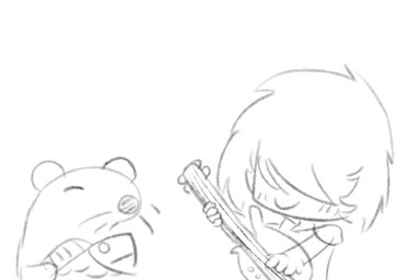 ambiguous_gender blush electric_guitar eyes_closed group guitar happy musical_instrument playing_guitar playing_music plucked_string_instrument simple_background smile string_instrument white_background unknown_artist aquatic fish human mammal mustelid otter monochrome source_request