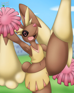 ambiguous_gender anthro black_sclera bottomwear brown_body brown_fur cheerleader clothing cloud cotton_tail crop_top day floppy_ears fur long_ears looking_at_viewer midriff navel open_mouth open_smile outside pink_eyes pom_poms pose raised_leg shirt shorts sky smile solo tail text topwear yellow_body yellow_fur domedvortex nintendo pokemon generation_4_pokemon lopunny pokemon_(species) 4:5 artist_name hi_res