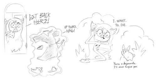 angry anthro band-aid band-aid_on_genitals band-aid_on_nipple band-aid_on_pussy bandage clothing dialogue embarrassed female flat_chested hiding loli magic nude text wardrobe_malfunction young young_anthro young_female drawfug_01 cartoon_hangover the_summoning claire_(the_summoning) fluff_top domestic_cat felid feline felis lagomorph leporid mammal rabbit 2026 absurd_res english_text hi_res monochrome sketch