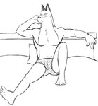 anthro barefoot bed bodily_fluids briefs bulge clothed clothing colored_underwear feet frown furniture hand_behind_head hand_on_furniture lying male pillow simple_background solo sweat sweatdrop topless underwear underwear_only white_background thegreatmatsutzu odd_taxi fuyuki_yamamoto_(odd_taxi) canid canine mammal black_and_white monochrome sketch