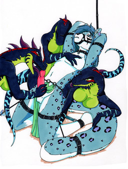 anthro balls bdsm bondage bound breasts dominant dominant_female erection fellatio female forced foursome genitals group group_sex humanoid_genitalia humanoid_penis interspecies licking male male/female muzzle_(object) muzzled nude oral penile penis penis_lick rape restraints reverse_forced_oral sex spreader_bar submissive submissive_male tail tail_bondage tail_tied tongue tongue_out tierafoxglove canid canine mammal reptile scalie