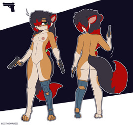 4_toes 5_fingers abstract_background anthro black_body black_fur breasts brown_body brown_fur butt feet female fingers fluffy fluffy_tail fur genitals green_eyes gun hair handgun holding_gun holding_handgun holding_object holding_pistol holding_ranged_weapon holding_weapon long_hair nipples nude pistol prosthetic prosthetic_leg prosthetic_limb ranged_weapon red_body red_fur small_breasts solo standing tail toes vulva weapon the_man anya_(nathannatefox) mammal mustelid musteline stoat true_musteline weasel 2026 absurd_res hi_res