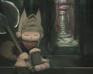 against_surface against_wall ambiguous_gender anthro armor arms_by_side axe barefoot brown_nose clothed clothing ears_up eyes_closed feet fluffy fluffy_tail glowing headgear helmet holding_object holding_weapon knee_pads leaning leaning_backward legwear light melee_weapon pose raised_tail sleeping solo stairs tail weapon weapon_on_shoulder hooki canid canine mammal 5:4